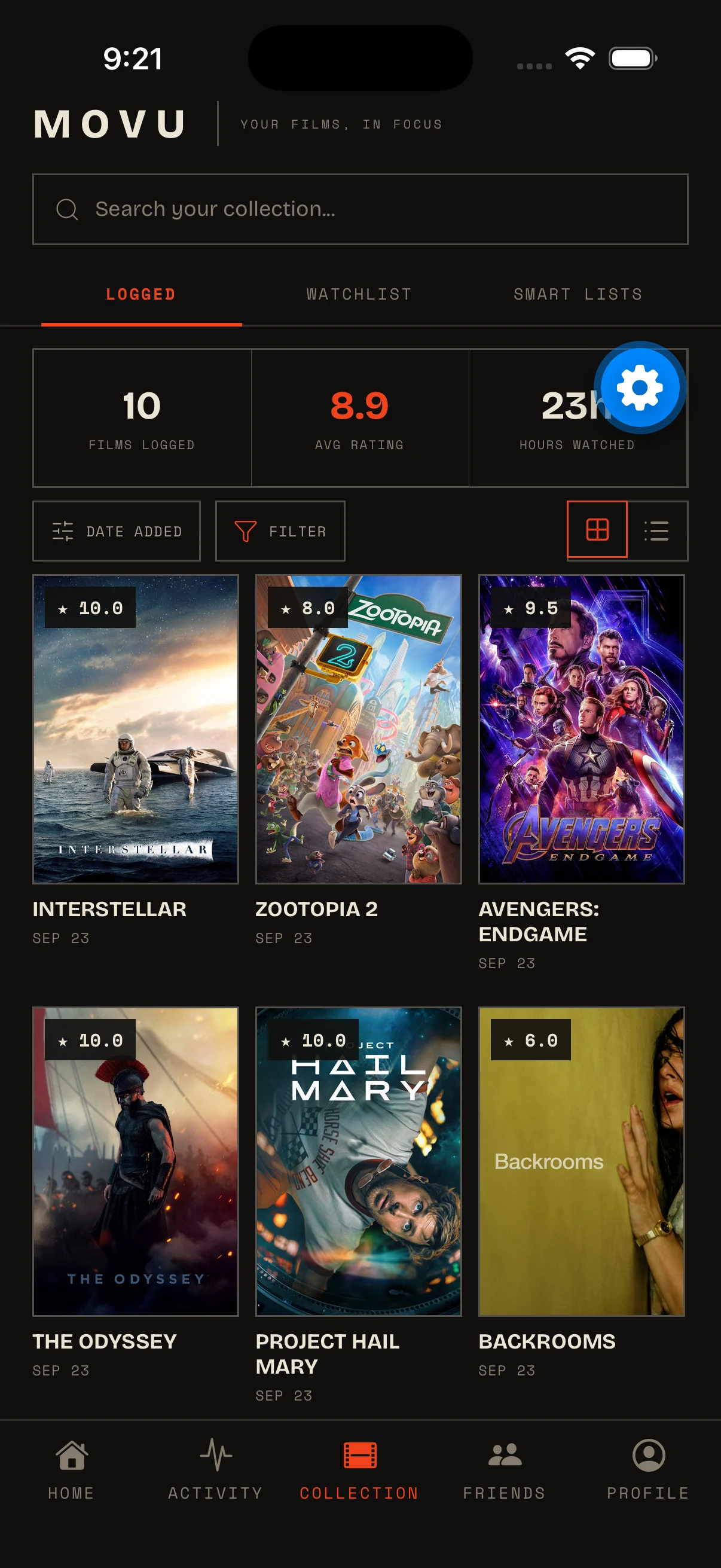 The real Movu collection screen showing logged films, ratings, average score, and hours watched