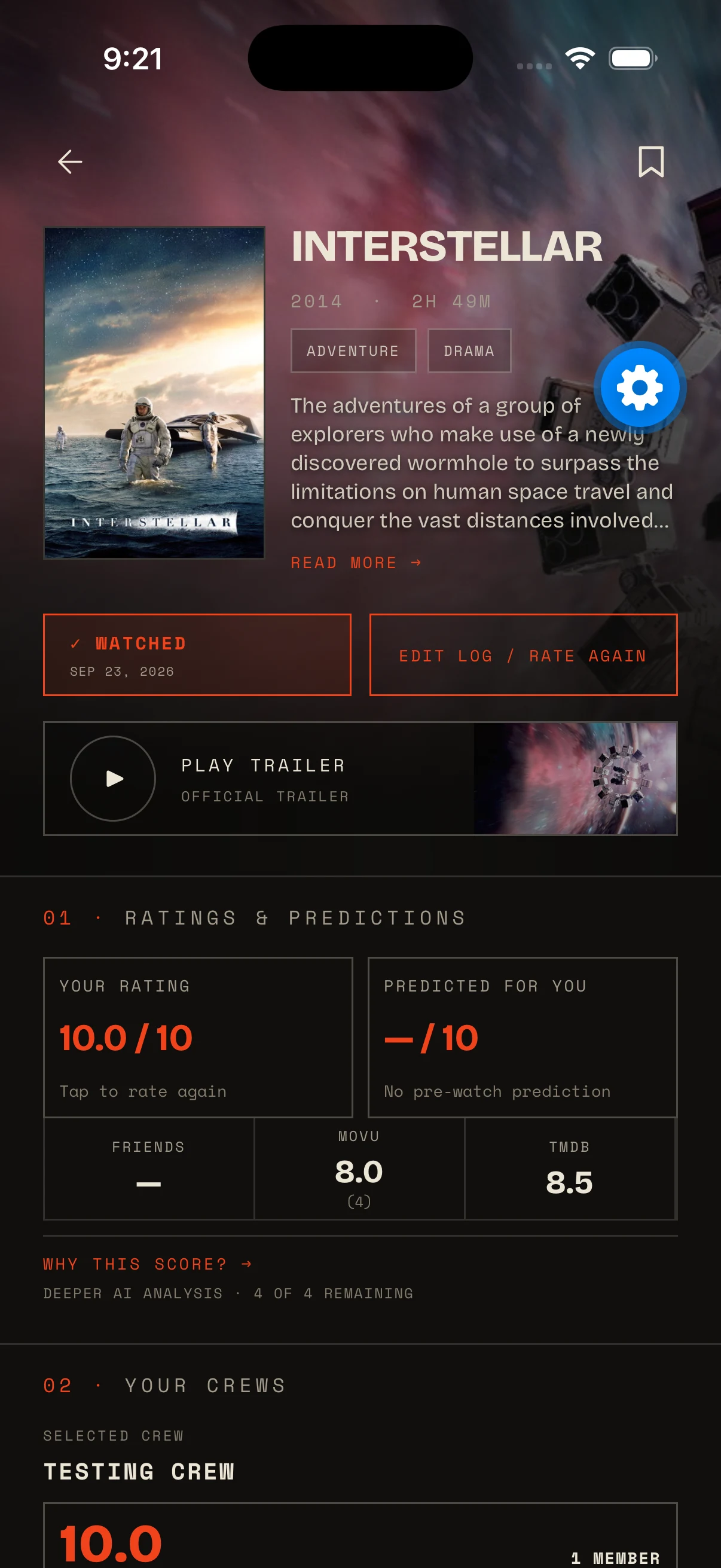The real Movu movie detail screen showing an Interstellar rating, community score, and prediction tools